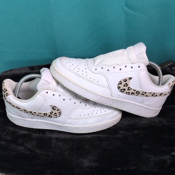 Nike White Sneakers with Leopard Print Swoosh - Picture 1 of 11